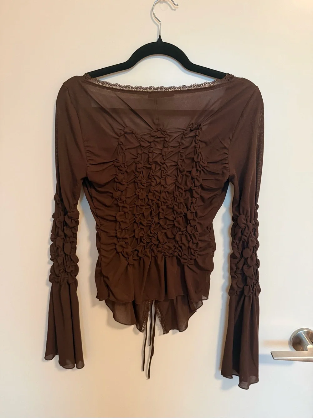ZARA Brown Ruched Mesh Tie Front Top NWT Sheer Bell Sleeve Fairy Boho Size S